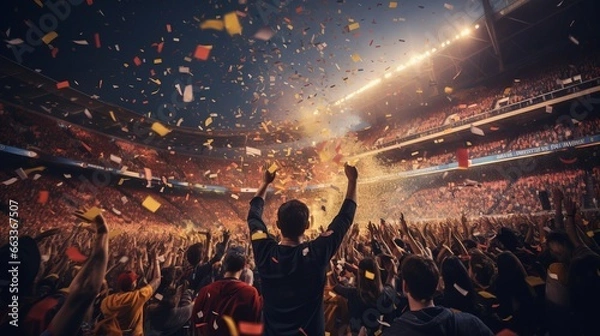 Fototapeta Cheering crowd at a soccer stadium with confetti in the air