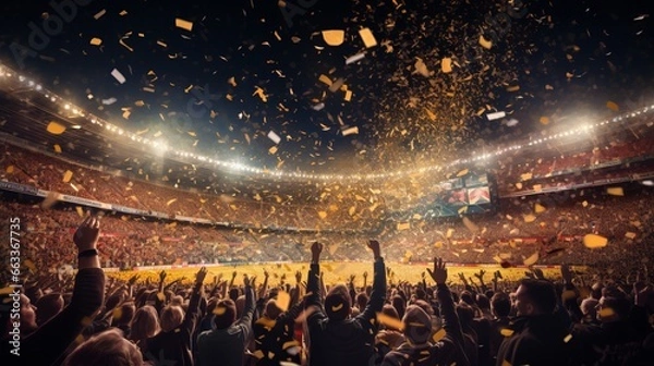 Fototapeta Crowd of fans at the stadium with confetti. Mixed media