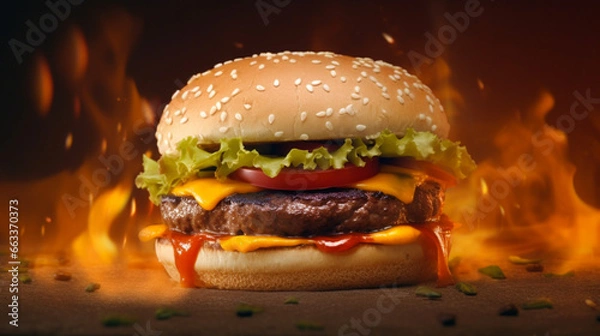 Fototapeta Un hamburger avec viande, fromage et légumes. Gros plan du burger sur fond de flammes. Alimentation, fast food, nourriture. Pour conception et création graphique.