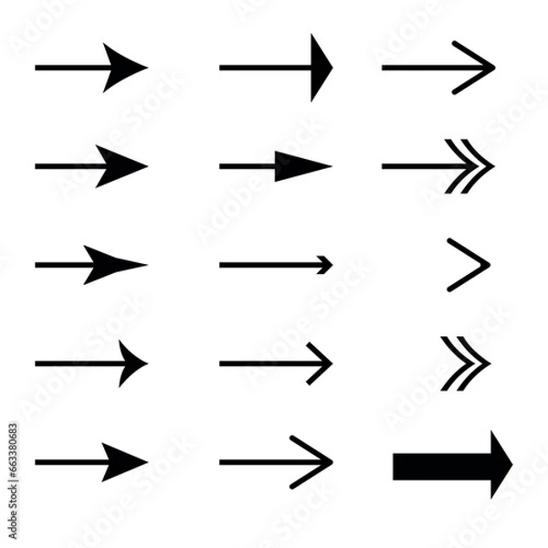 Fototapeta Icons of arrow set. Black arrows isolated on white background. Vector illustration.