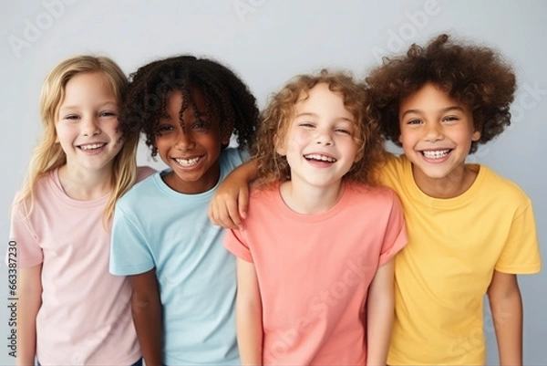Fototapeta Happy smiling children of different culture and race wearing colorful t-shirts on a plain gray background. Concept of cheerful friends, happy childhood
