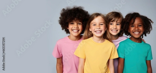 Fototapeta Happy smiling children of different culture and race wearing colorful t-shirts on a plain gray background. Concept of cheerful friends, happy childhood
