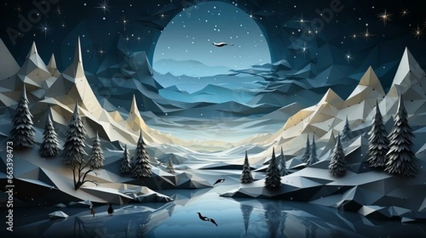 Obraz AI-generated image of a winter landscape in an origami paper quilling style