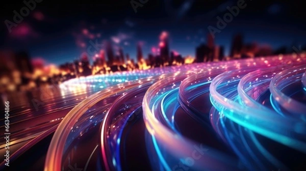 Fototapeta Abstract swirls of information travel through optical fiber, data superhighway, digital communication.