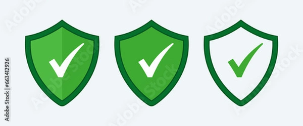 Fototapeta Security shield with check mark vector illustration. organic natural approval icons set.