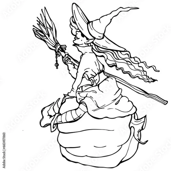 Fototapeta The witch is sitting on a pumpkin with a broom in her hands. Graphic linear drawing for Halloween. Beautiful contented witch, face in profile. Outline, silhouette, outline, outline. Magic for Hallowee
