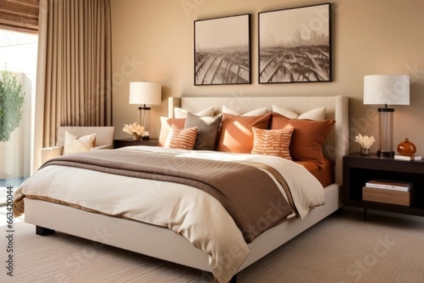 Fototapeta Cozy modern colorful orange interior design of a bedroom in an apartment with bright warm colors and fluffy textiles, natural earthy tones, warm autumn vibe
