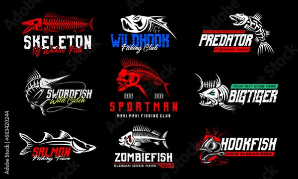 Fototapeta Fishing Logo Bundle. unique and Fresh Fish Skeleton fishing logo template. great to use as your fishing company logo.