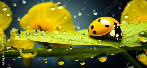 Fototapeta Closeup ladybug,lady beetle with water dew drops on greenery leaves plant.organic or ecology concepts backgrounds.clean and pure nature idea