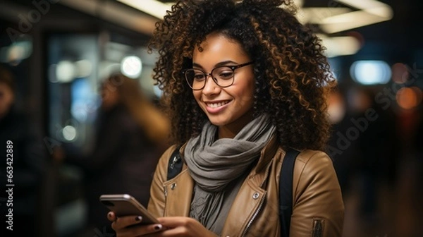 Fototapeta A beautiful woman with curly hair using smartphone