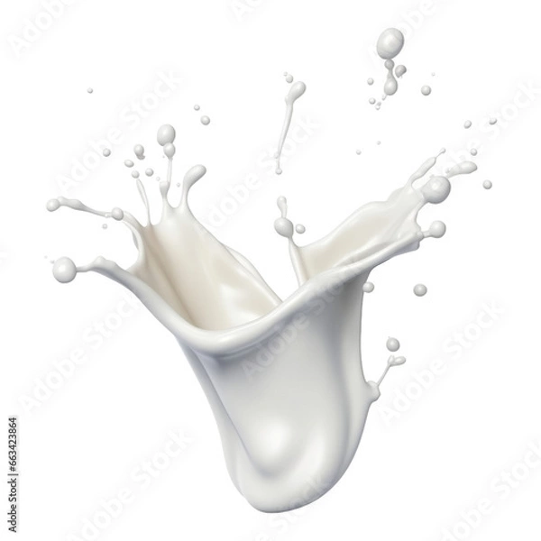 Obraz Milk splash isolated on transparent background, white creamy liquid crown wave swirl drops, fluid paint splashing droplets flow, design element fresh drink, dairy, falling, pour bubbles spatter flying
