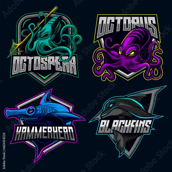 Fototapeta Sea Ocean Octopus Hammerhead Dolphin Squid Character set Logo E-sport Mascot Design Bundle Set icon collection vector illustration gaming team