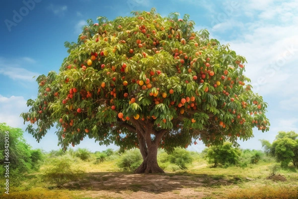 Obraz Mango tree with ripe mango fruits on blue sky background. Tropical fruit
