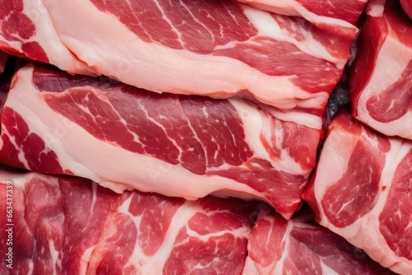 Fototapeta Macro shot of pork meat. Meat textured background. Beef steak is raw and juicy.