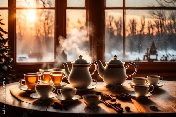 Fototapeta teapot and cups on the table