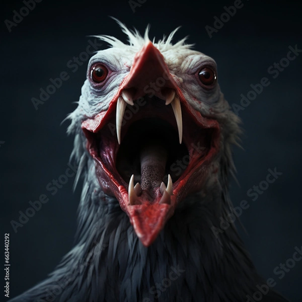Fototapeta a bird of prey with a large beak on sharp teeth horror created with Generative Ai