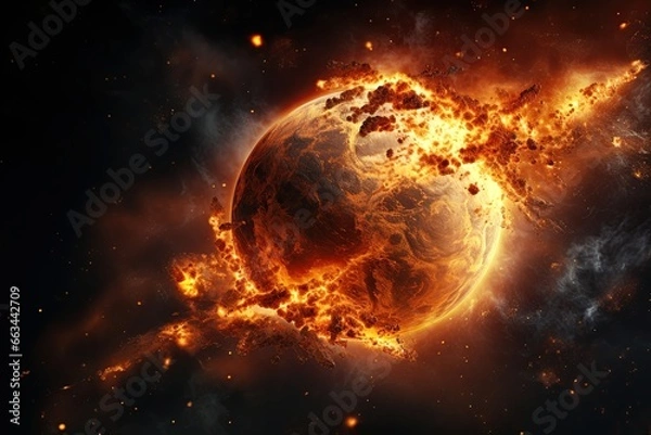 Fototapeta Burning planet after being hit by asteroid. Ai generative