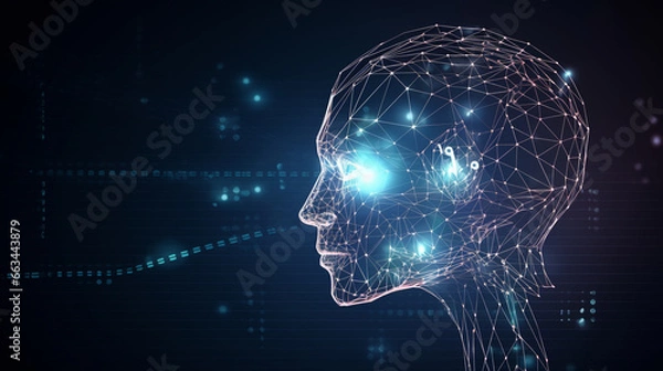 Fototapeta Future AI tech machine learning, face outline circuit board and binary data flow on dark background. cyber mind Human fast digital computing, robot revolution, artificial intelligence. Generated AI
