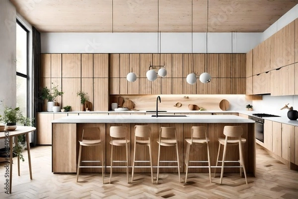 Fototapeta : Scandinavian kitchen with light wood cabinets, minimalist decor, and large windows.