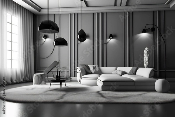 Fototapeta Modern minimalism style drawing-room interior with monochrome color palette
