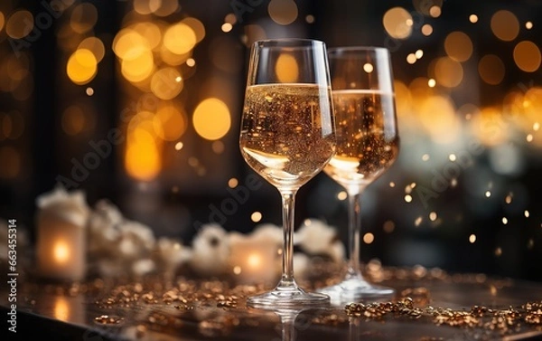 Fototapeta Two glasses of champagne over blur spots lights background. Celebration concept, free space for text generated with ia