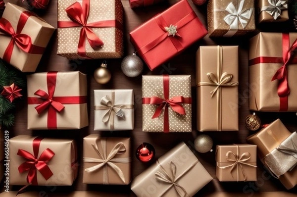 Fototapeta Winter Holidays Concept, Christmas Gifts Wrapped in Craft Paper with Red and Golden Ribbon, Top View. Overhead view of many Christmas presents wrapped with craft paper on paper surface