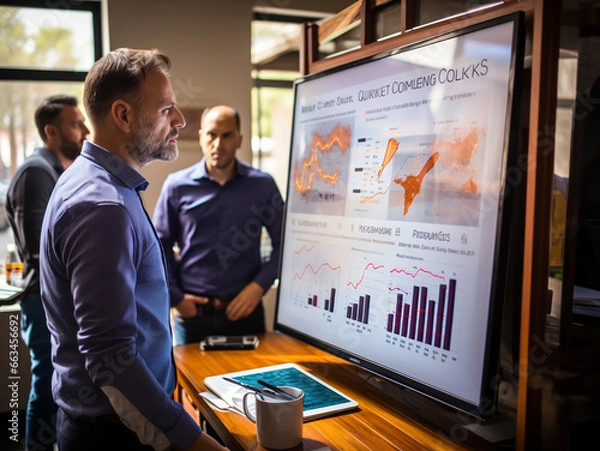 Fototapeta group of businesspeople stand at a digital whiteboard with chart with horizontal bars, planning a technology project Generative AI	