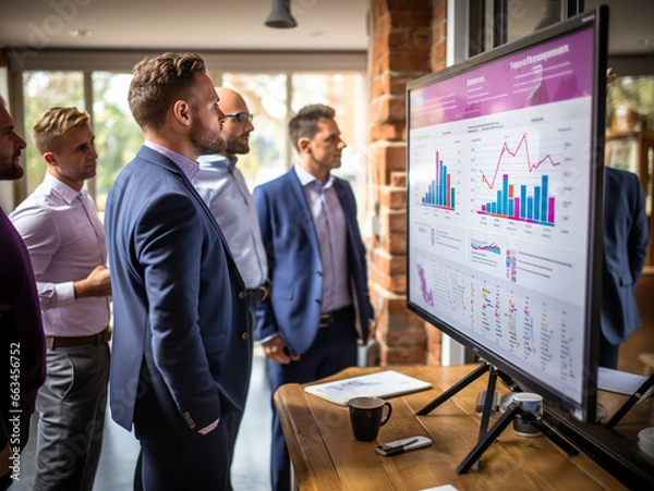 Fototapeta group of businesspeople stand at a digital whiteboard with chart with horizontal bars, planning a technology project Generative AI	