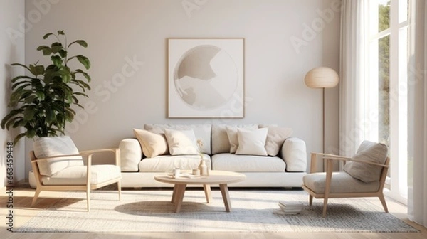 Obraz Scandinavian Elegance - Armchair with Pillow, Glowing Lamp, and Potted Plant in a Cozy Living Room. Perfectly Simple Interiors for Modern Lifestyle