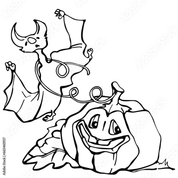 Fototapeta Graphic drawing for the Halloween holiday. Caricature of bats, vampires and pumpkins. Template, contour illustration. Emotions and the human form.