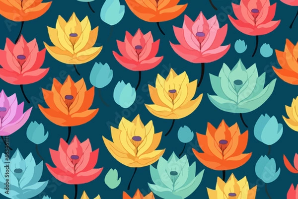 Fototapeta Lotus flower quirky doodle pattern, wallpaper, background, cartoon, vector, whimsical Illustration