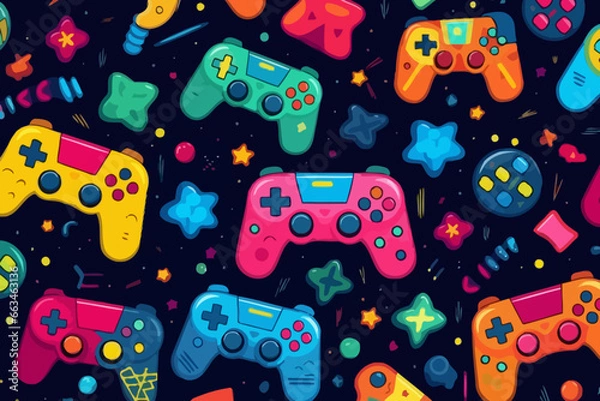 Fototapeta Joystick quirky doodle pattern, wallpaper, background, cartoon, vector, whimsical Illustration