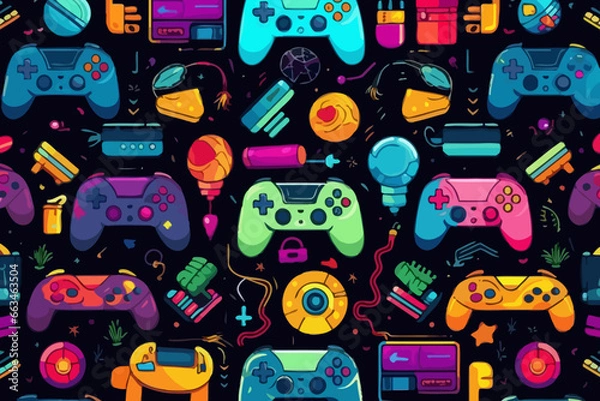Fototapeta Gaming console quirky doodle pattern, wallpaper, background, cartoon, vector, whimsical Illustration