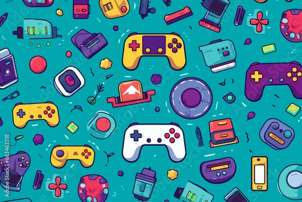 Fototapeta Gaming console quirky doodle pattern, wallpaper, background, cartoon, vector, whimsical Illustration