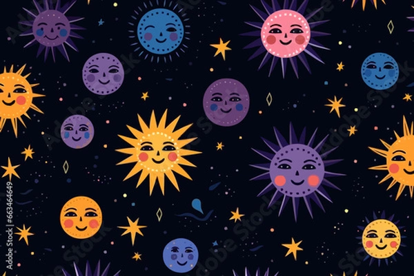 Fototapeta Solar eclipses quirky doodle pattern, wallpaper, background, cartoon, vector, whimsical Illustration