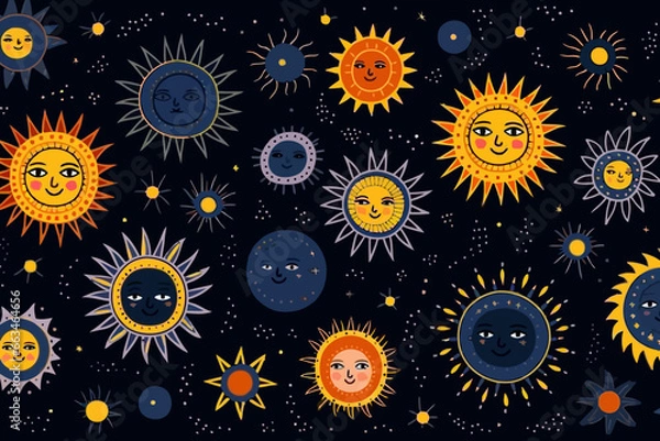 Fototapeta Solar eclipses quirky doodle pattern, wallpaper, background, cartoon, vector, whimsical Illustration