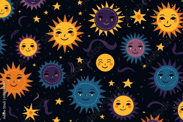 Fototapeta Solar eclipses quirky doodle pattern, wallpaper, background, cartoon, vector, whimsical Illustration