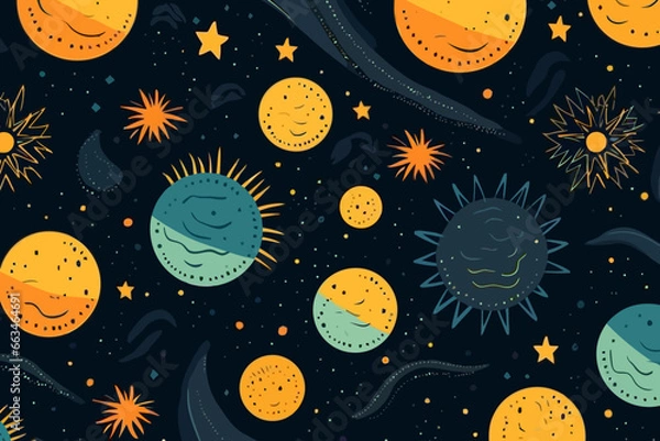 Fototapeta Solar eclipses quirky doodle pattern, wallpaper, background, cartoon, vector, whimsical Illustration