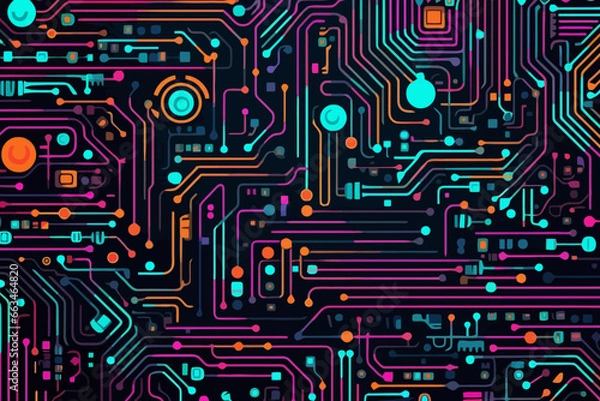 Fototapeta Circuit board texture quirky doodle pattern, wallpaper, background, cartoon, vector, whimsical Illustration