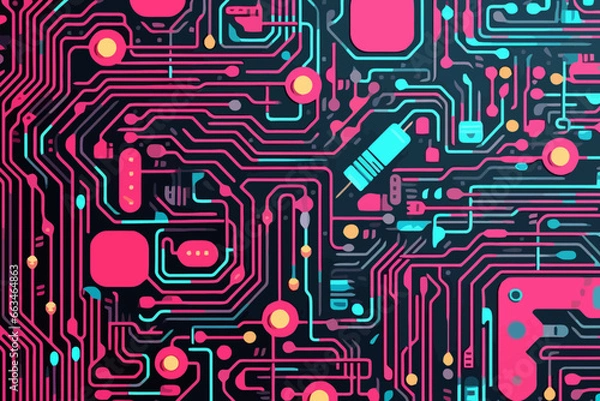 Fototapeta Circuit board texture quirky doodle pattern, wallpaper, background, cartoon, vector, whimsical Illustration
