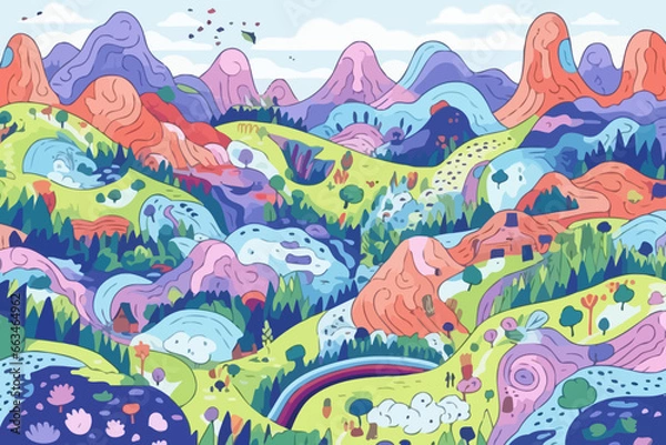 Fototapeta Video game landscape quirky doodle pattern, wallpaper, background, cartoon, vector, whimsical Illustration