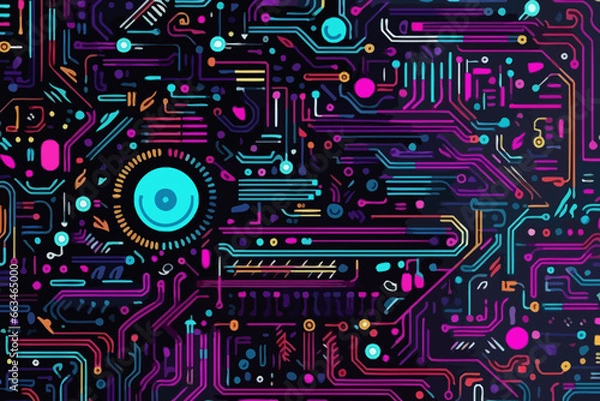 Fototapeta Circuit board texture quirky doodle pattern, wallpaper, background, cartoon, vector, whimsical Illustration