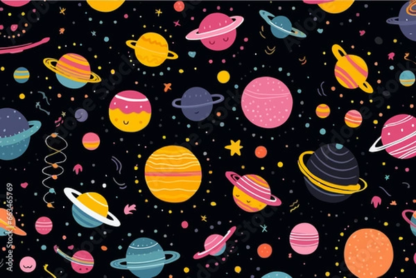 Fototapeta Planetary alignments quirky doodle pattern, wallpaper, background, cartoon, vector, whimsical Illustration