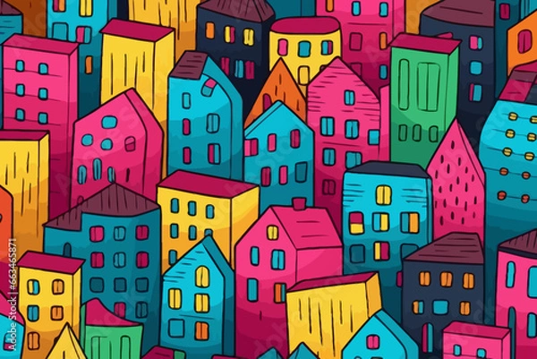 Fototapeta Multifamily properties quirky doodle pattern, wallpaper, background, cartoon, vector, whimsical Illustration