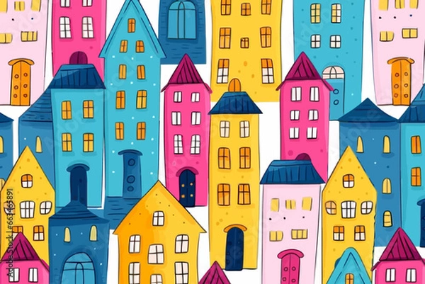 Fototapeta Multifamily properties quirky doodle pattern, wallpaper, background, cartoon, vector, whimsical Illustration