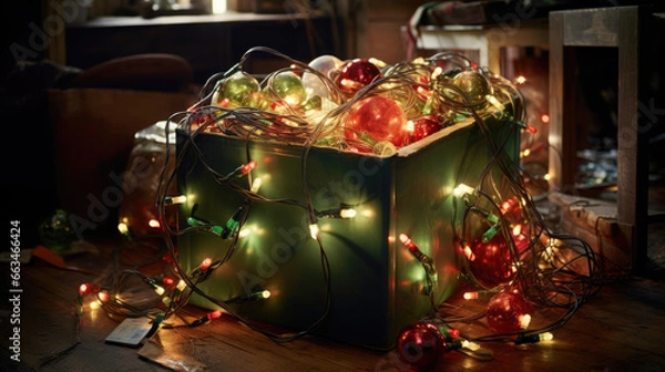 Fototapeta A box full of tangled and colorful fairy lights and other christmas ornaments and decorations