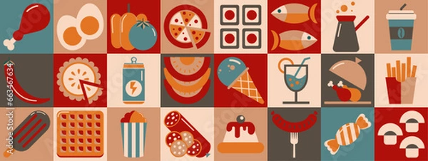 Fototapeta  Set of colorful icons related to food and drinks. Abstract food and drink geometric pattern. Mosaic style. Collection of food icons. Vector illustration