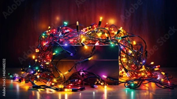 Fototapeta A box full of tangled and colorful fairy lights and other christmas ornaments and decorations