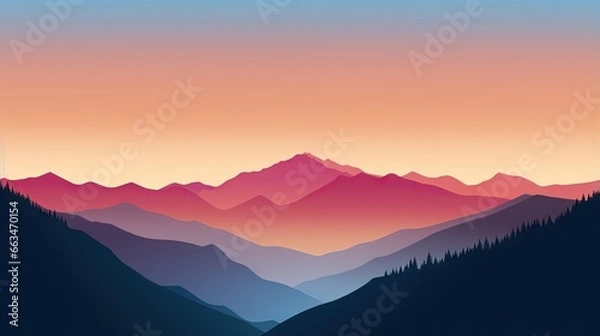 Fototapeta  a mountain landscape with a sunset in the background and a pink sky.  generative ai