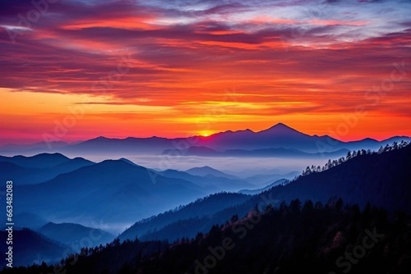 Obraz Mountain range silhouetted against a vibrant sunset